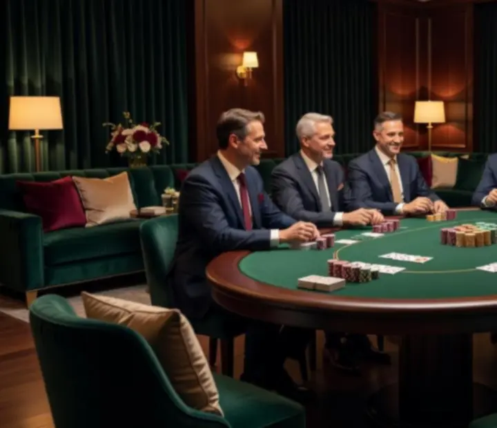Elegantní firemní pokerový večer s hosty v business oděvu u zeleného pokerového stolu se žetony a kartami v luxusním salonku.