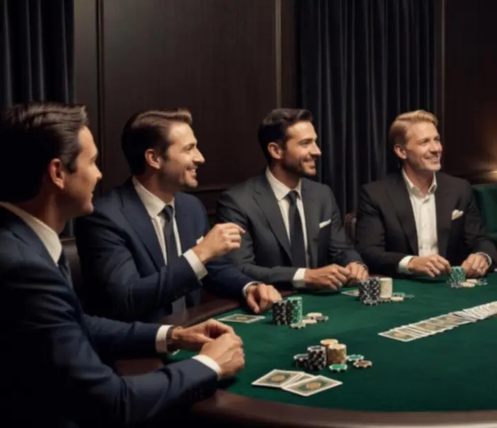 Cinematická narozeninová oslava u pokerového stolu v elegantním karetním salonku se zeleným plátnem, kartami a žetony.