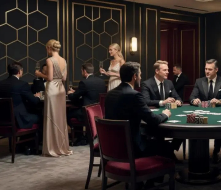 Elegantní pokerový večer s profesionálním pokerovým stolem, kartami, žetony a hosty v ambientně nasvíceném salonku