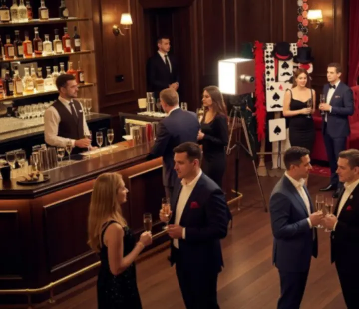 Tematická zábava během pokerového večera – elegantní bar, rekvizity pro fotokoutek a atmosférické nasvícení prostoru.