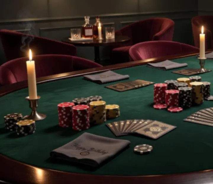 Narozeninová oslava u zeleného pokerového stolu s kartami, žetony a hosty v elegantním prostředí.