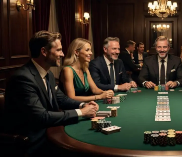 Elegantní offline pokerový večer s karetním salonkem, pokerovým stolem, kartami a žetony