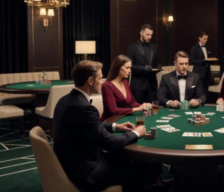 Elegantně nasvícený offline pokerový večer s profesionálním pokerovým stolem, žetony, kartami a hosty v karetním salonku.