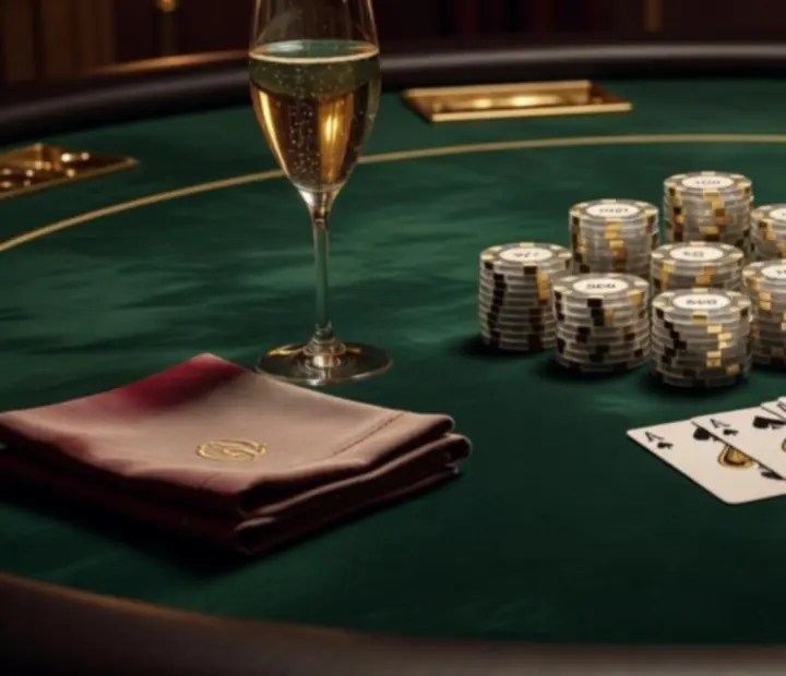 Detail karetního salonku s pokerovým stolem, zeleným plátnem, žetony a kartami připravenými pro hosty.