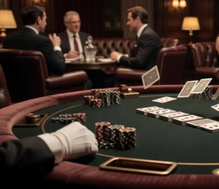 Pokerový stůl s kartami a žetony v elegantním salonku s ambientním světlem a hosty kolem stolu