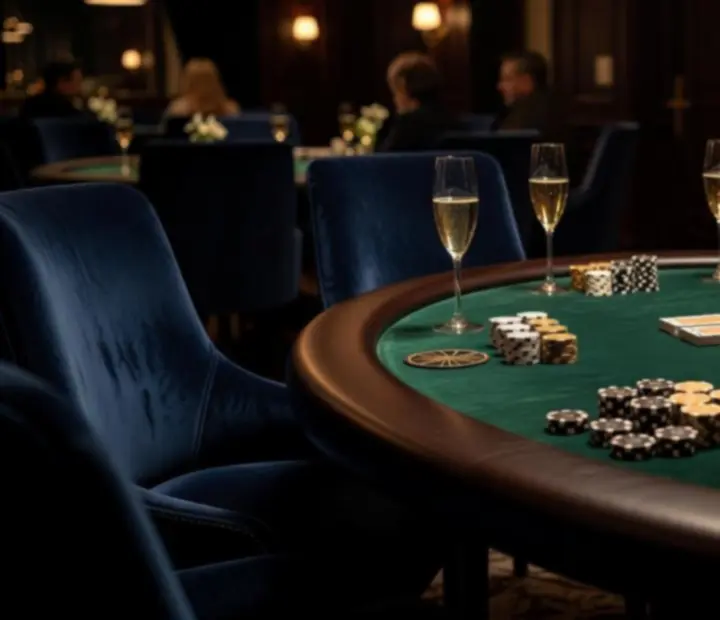 Pokerová atmosféra s pokerovými žetony, kartami a hosty u stolu