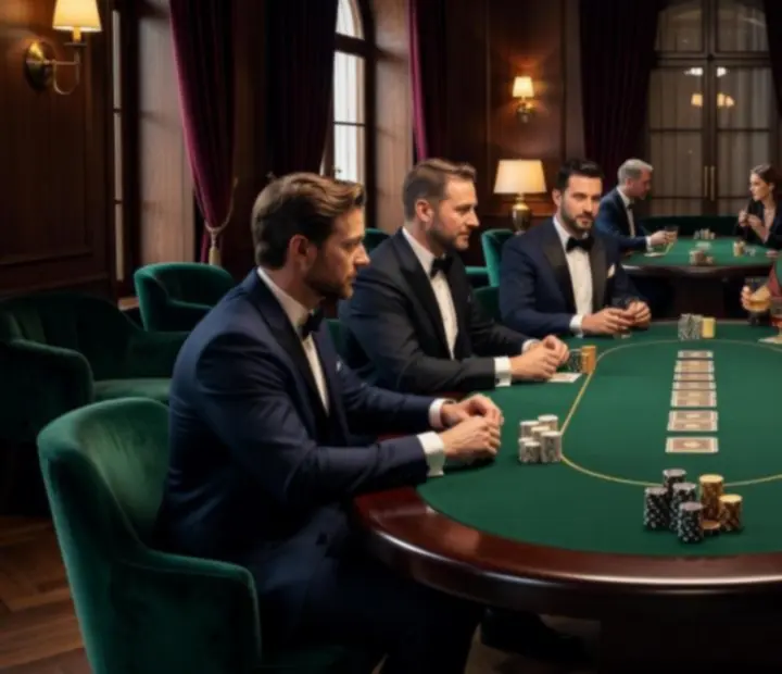 Elegantní offline pokerový večer u profesionálního pokerového stolu v atmosférickém salonku