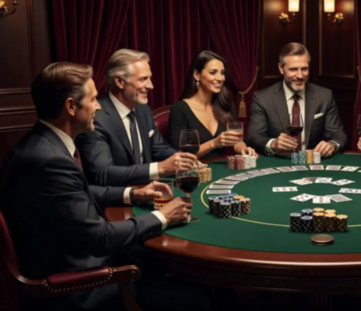 Profesionálně připravený pokerový večer s pokerovým stolem, žetony a elegantní výzdobou
