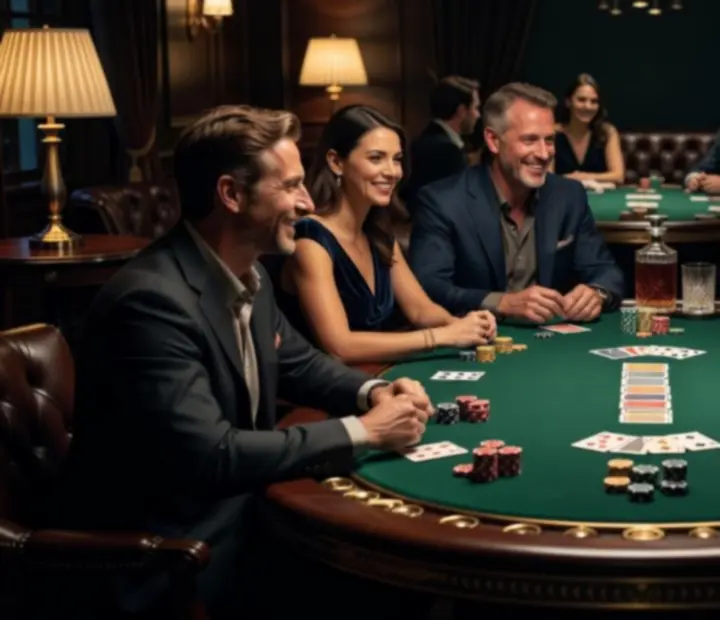 Pokerový večer s profesionálním stolem, kartami a žetony v elegantním salonku