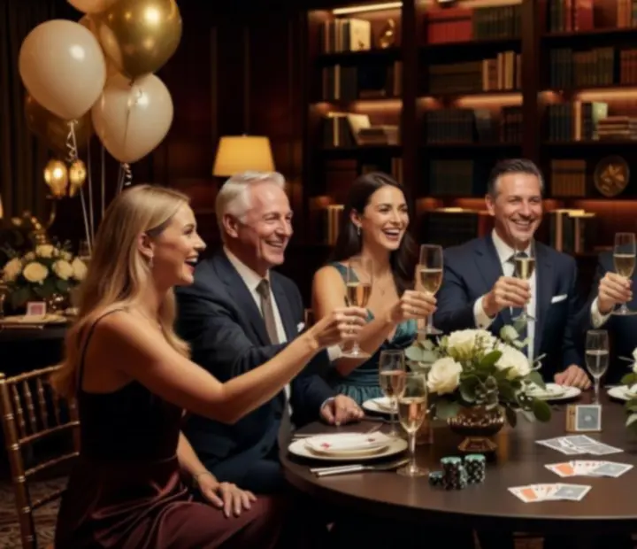 Skupina hostů slaví narozeniny v elegantním prostředí s drinky a dobrou náladou.