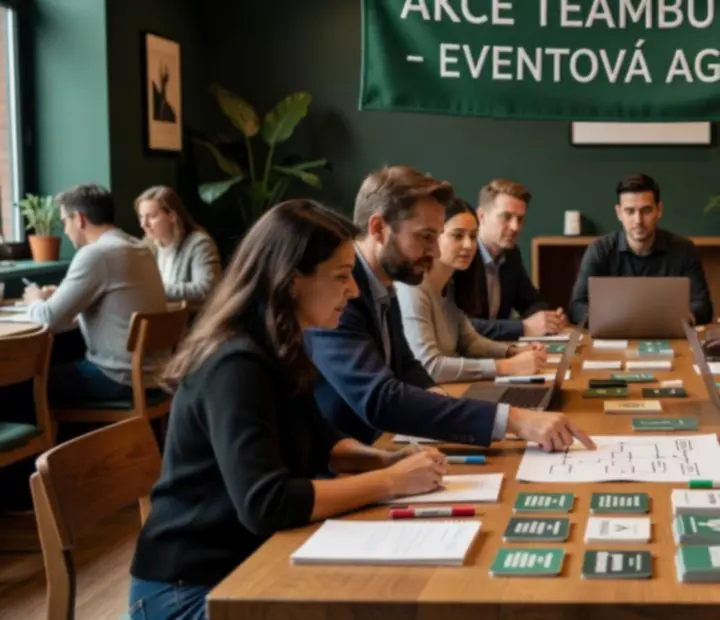 Teambuildingové aktivity ve stylovém prostoru s týmem kolem stolu