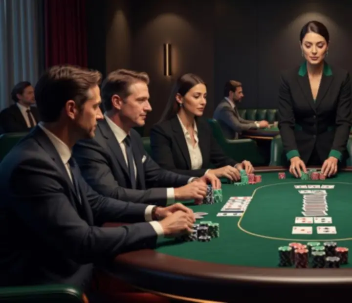 Elegantní offline pokerový večer s týmem kolem pokerového stolu, zeleným plátnem, žetony a stylovou atmosférou.