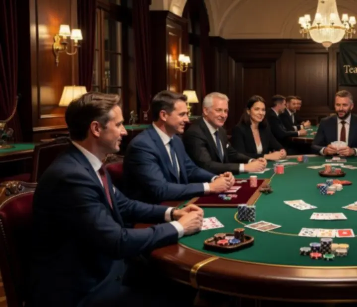 Tým spolupracovníků u elegantního pokerového stolu se zeleným plátnem, kartami, žetony a luxusní dekorací během firemního teambuildingu.